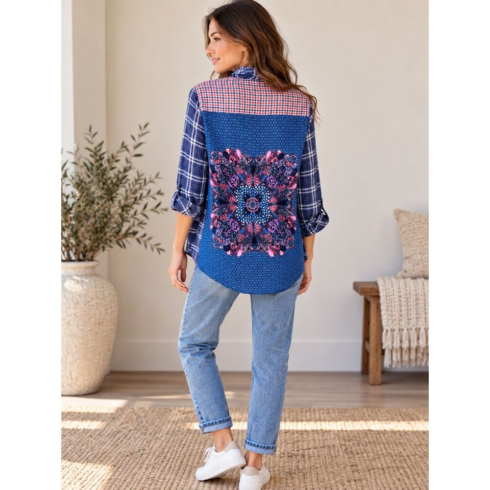 Tolani Blue Plaid Mandala Back Rayon Button Down Boho Western Shirt (M)
